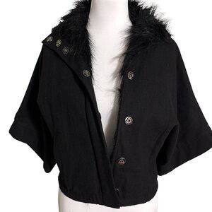 Ark & Co Black Wool Poncho with Faux Fur Trim
